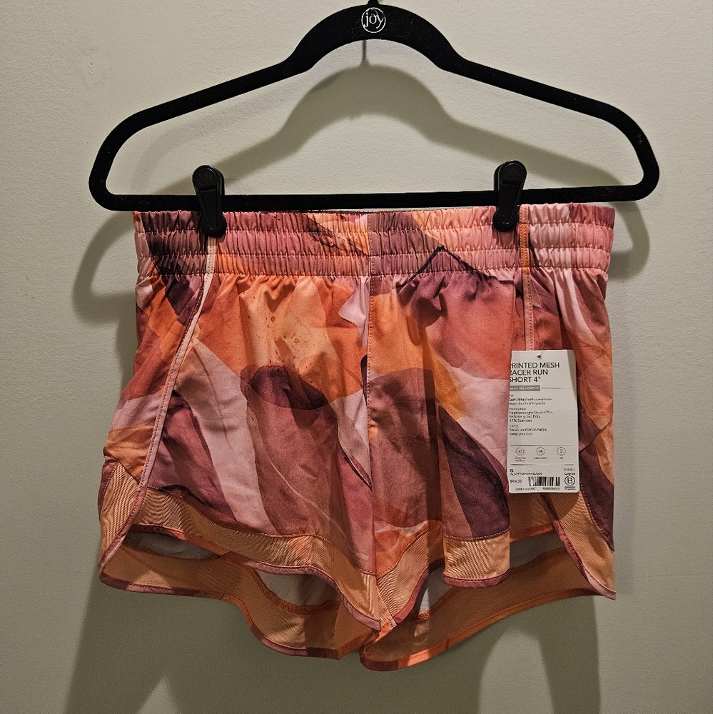 Athleta pink patterned  mesh racer run shorts, size S NWT